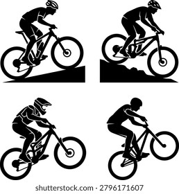 Set of four mountain biking silhouettes depicting various riding techniques like uphill climbing and enduro trail racing.