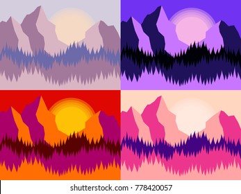 Set of four mountain landscapes. Flat design vector illustration