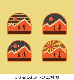 Set of four mountain travel emblems. Camping outdoor adventure emblems, badges and logo patches. Mountain tourism, hiking. Forest art T shirt Design