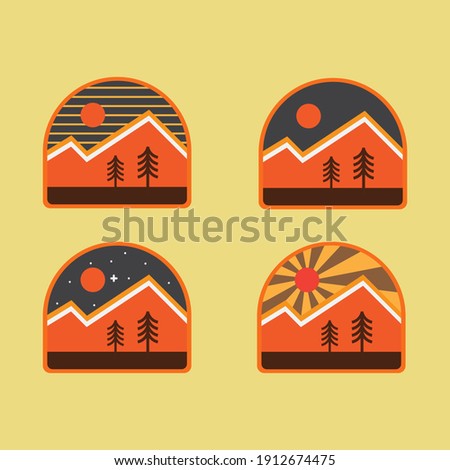 Set of four mountain travel emblems. Camping outdoor adventure emblems, badges and logo patches. Mountain tourism, hiking. Forest art T shirt Design