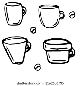 Set of four mugs. Vector illustration. Hand drawn. 