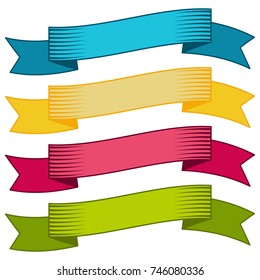 Set of four multicolor ribbons and banners for web design. Great design element isolated on white background. Vector illustration.