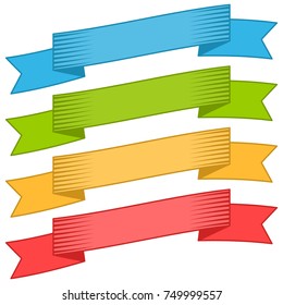 Set of four multicolor ribbons and banners for web design. Great design element isolated on white background. Vector illustration.