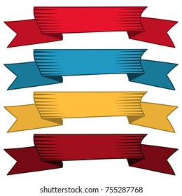 Set of four multicolor ribbons and banners for web design. Great design element isolated on white background. Vector illustration.