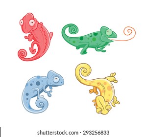 Set with four multi-colored cartoon chameleons.