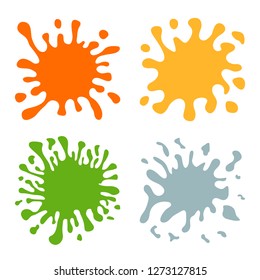 Set of Four Multicolored Hand Drawn Paint Splashes with small splashes and shadows. Vector illustration