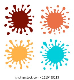 Set of Four Multicolored Hand Drawn Paint Splashes with small splashes and shadows. Vector illustration