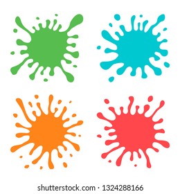 Set of Four Multicolored Hand Drawn Paint Splashes with small splashes and shadows. Vector illustration