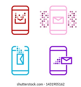 A set of four multi-colored message icons on a mobile device. Receive, send, delete and alert. Vector on white background.