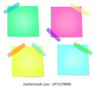 A set of four multi-colored paper notes with colored tape. Background for text. Vector illustration.