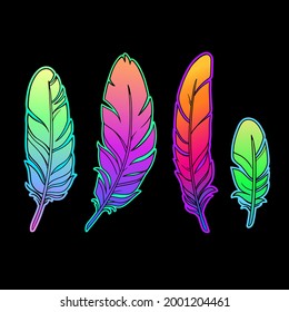 set of four multicolored rainbow feathers