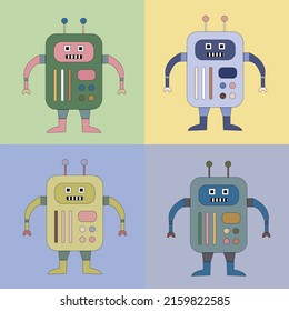 Un conjunto de cuatro robots multicolores. Robot infantil. Color lindo dibujo infantil.
