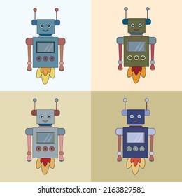 A set of four multi-colored robots. Children's robo background. Color cute childish drawing.