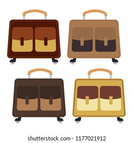 Set of four multicolored wheeled travel bag with luggage on white background. Suitcase for journey trip in flat style. Vector illustration
