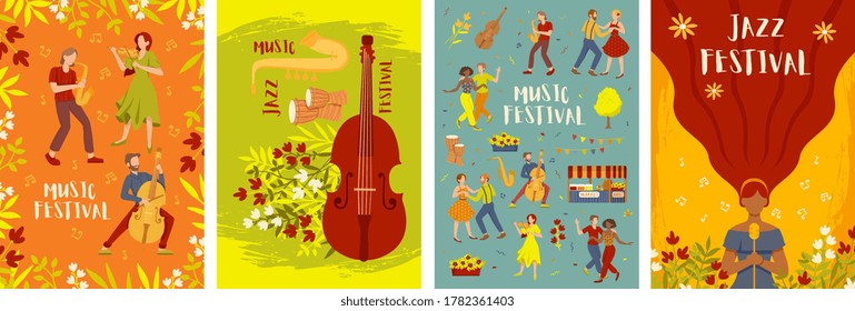 Conjunto de cuatro plantillas de tarjetas de invitación al festival de música con varias escenas de música y baile. Ilustración del vector