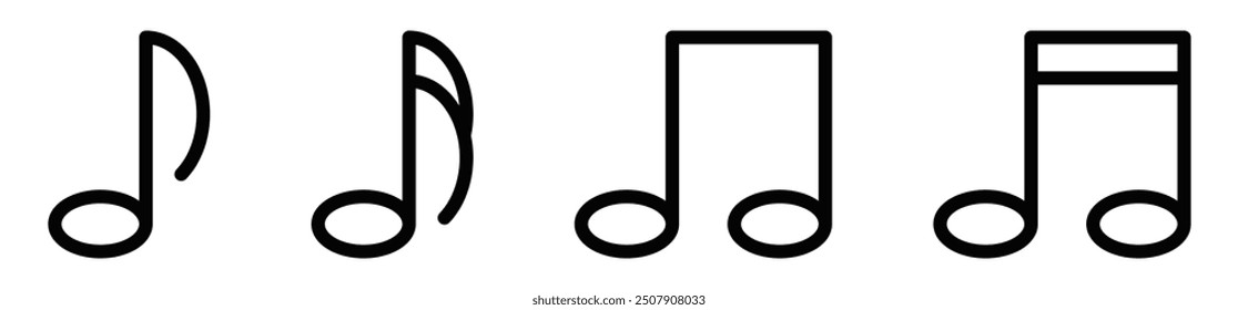 Set of four music note icons, perfect for representing music, sound, and rhythm. Vector illustration. Editable stroke.