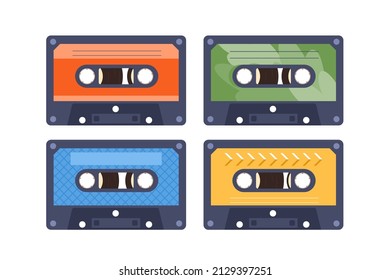 Set of four music tape cassettes. Vector illustration - retro audio cassettes isolated on a white background. Flat style front side. 