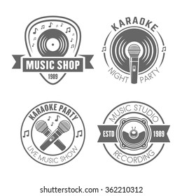 Set of four music vector monochrome labels, badges, emblems and logos isolated on white background, music shop, recording studio, karaoke club, musical equipment