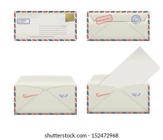 Set of four narrow envelopes with stamps and label. The collection includes a front view, rear view and open the envelope and the envelope with the letter. Vector illustration.