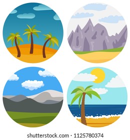 Set of four natural cartoon landscapes at sunny day in circle. Vector illustration.
