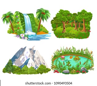 set of four natural icons like island, forest, mountains and pond