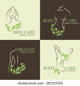 Set of four natural / organic cosmetics emblems. Hand-drawn design with contoured woman's shape and face decorated by green leaves