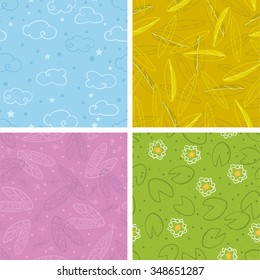 Set of four nature backgrounds. Sky, tree, insects, water lilies. Endless pattern. 