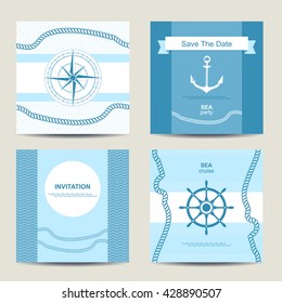 Set of four nautical invitation square card template. Vector illustration.