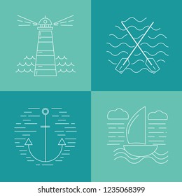 Set of four nautical logo templates in modern thin line style
