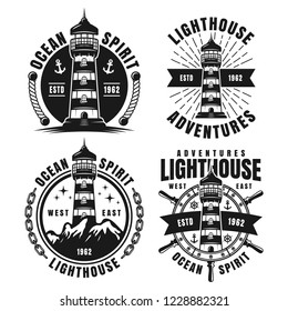 Set of four nautical monochrome emblems, labels, badges or logos with lighthouse isolated on white background