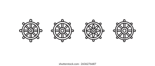 Set of four nautical ship wheels in black and white vector design.