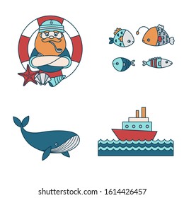 Set of four nautical themed colorful icons: sailor, fish, whale, ship. Vector illustration