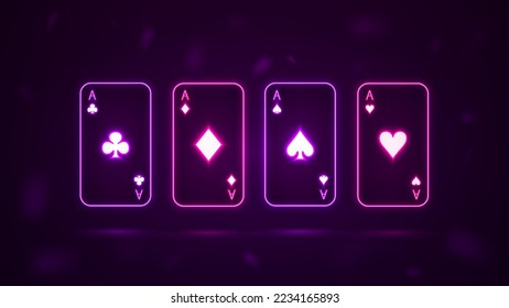 A set of four neon aces of different suits for playing in a casino. Bright neon poker cards.