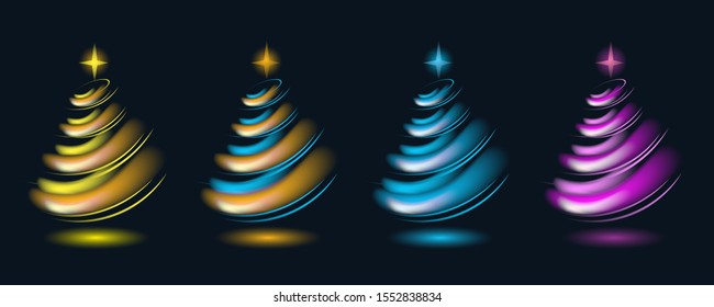 Set of four neon Christmas trees with golden, violet and blue glow on black background. Vector glitter design elements for greeting cards, decorations, advertising concept, web, holiday backdrop