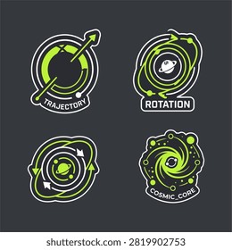 Set of four neon green and white sci-fi badges depicting planetary orbits, trajectory paths, and cosmic cores. Ideal for gaming or tech UI concepts.