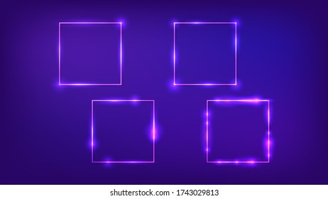 Set of four neon square frames with shining effects on dark background. Empty glowing techno backdrop. Vector illustration.