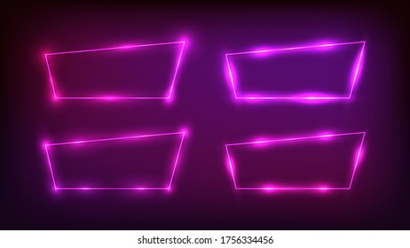 Set of four neon trapezoid frames with shining effects on dark background. Empty glowing techno backdrop. Vector illustration.