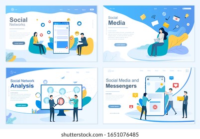 Set of four Network web templates depicting people using digital devices and apps for Social Network, Media, Analysis and Messengers with text copy space, colored vector illustrations