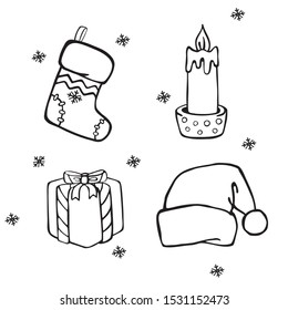 Set of four New Year and Christmas signs and symbols. Linear vector hand-drawn cartoon drawing on a white background. Coloring page.