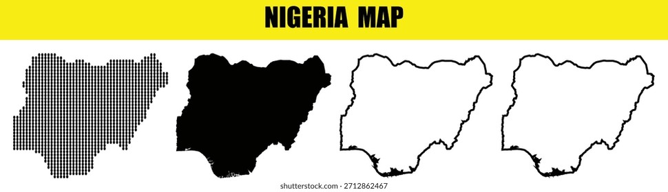 Set of four Nigeria map outlines, solid, dotted, and line styles
