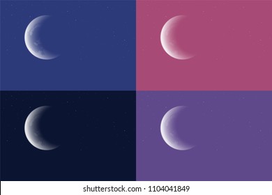 Set of four night sky of different colors, with crescent moon and stars - vector