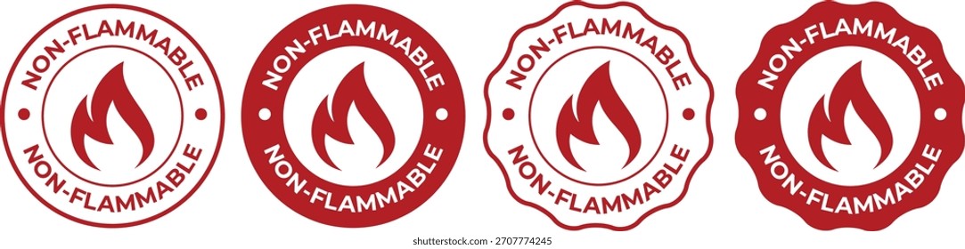 Conjunto de cuatro símbolos no inflamables de la etiqueta engomada de la advertencia con el icono rojo de la llama aislado en blanco