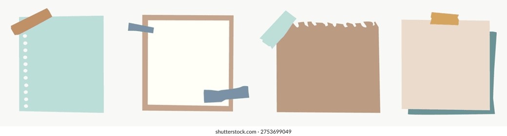 Set of four note papers with tape. Note papers in pastel colors. Note papers for reminders. Tape on note papers. Ideal for creative projects and organization. Element vector set.