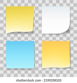 Set of four note stickers isolated on transparent background. Vector illustration.