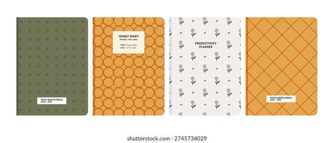 Set of four notebook cover designs with rustic countryside patterns, floral motifs, and geometric prints for planners. Stationery templates