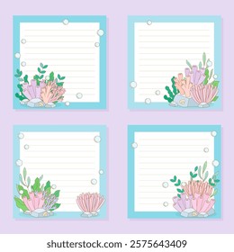 set of four notepads in a beautiful underwater coral theme, vector illustration