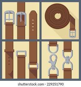 set of four objects of belt, buckle and carabiner in flat style