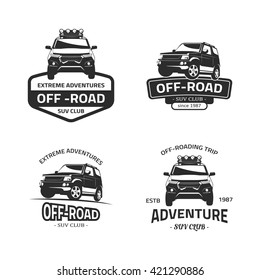 Set of four off-road suv car black logos. Suv car isolated on white background. SUV front and side view vector black icon with off-road, suv club, off-roading trip, extreme adventure text.