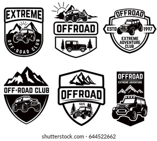 Set of four off-road suv car emblems. Extreme adventure club. Vector illustration