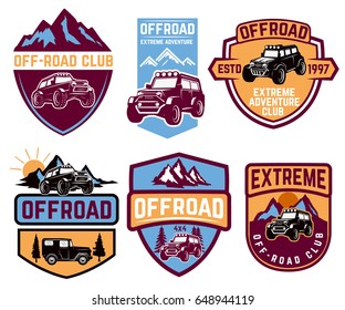 Set of four off-road suv car emblems. Extreme adventure club. Vector illustration